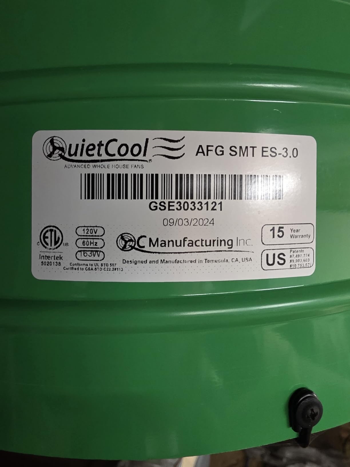 Quietcool AFG SMT ES-3.0 Smart Attic Fan for Gable Vents - Up to 2801 CFM - As low as 22 Watts - Smart App Control - Thermostat and Humidistat - 20ft Power Cord - Plug-and-play - Three Speed customer photo 2