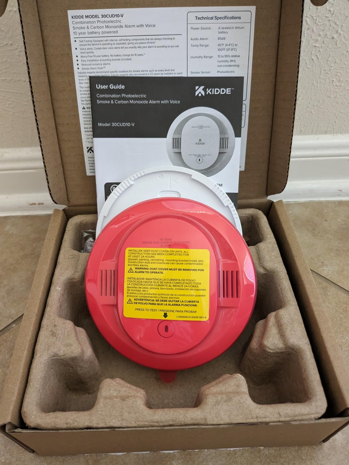 Kidde Smoke and Carbon Monoxide Detector, 10-Year Battery Powered, with Voice Alerts, LED Status Lights, 85 dB Alarm, 5 inches, 30CUD10-V, 1 Pack customer photo 2