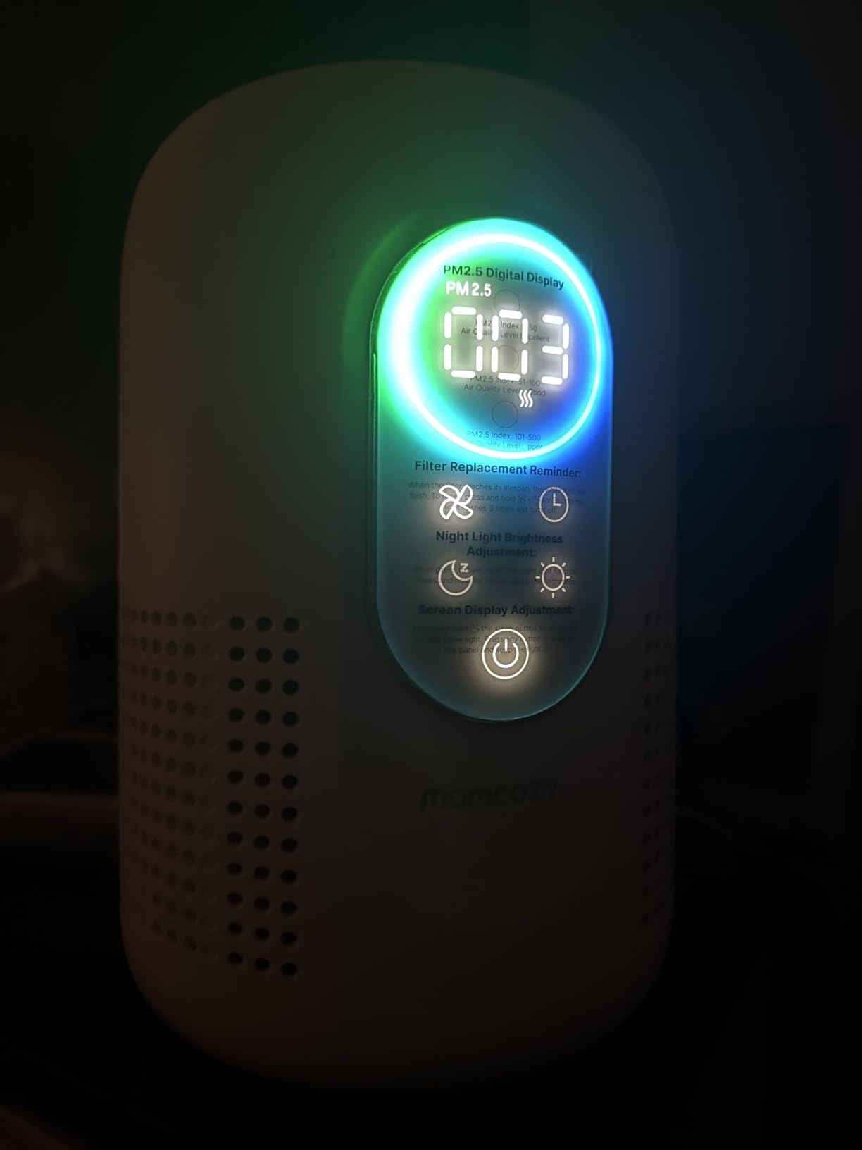 Momcozy Air Purifier for Home Bedroom Nursery, 4-in-1 Filter Baby Purifier with H13 HEPA & Carbon, Real-time PM2.5 Air Monitor, 4 Fan Speeds, 21dB Sleep Mode & Dimmable Night Light, for Home Pets Baby customer photo 1