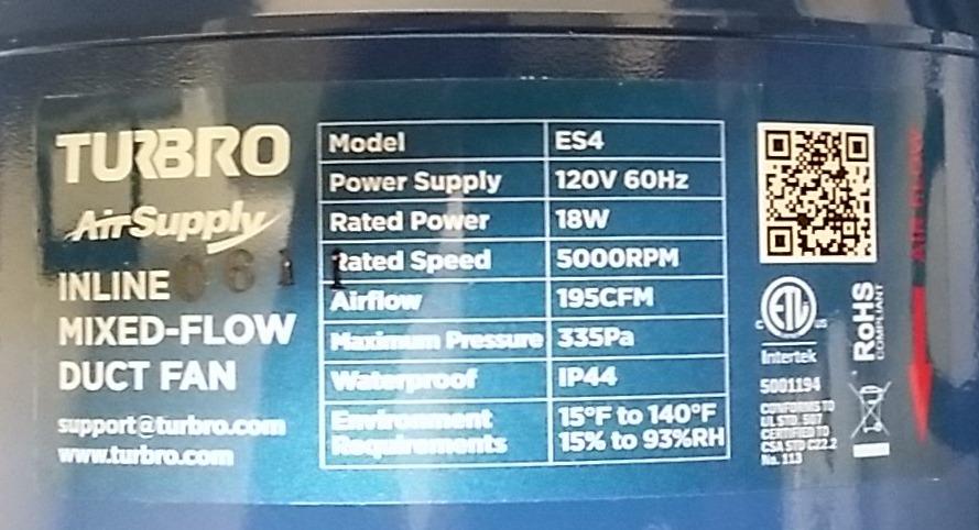 TURBRO AirSupply ES4 4 Inch Inline Duct Fan, 195 CFM Energy Efficient Exhaust Fan with Variable Speed Controlled EC Motor for Grow Tents, Hydroponics, Industrial and Residential Ventilation customer photo 2