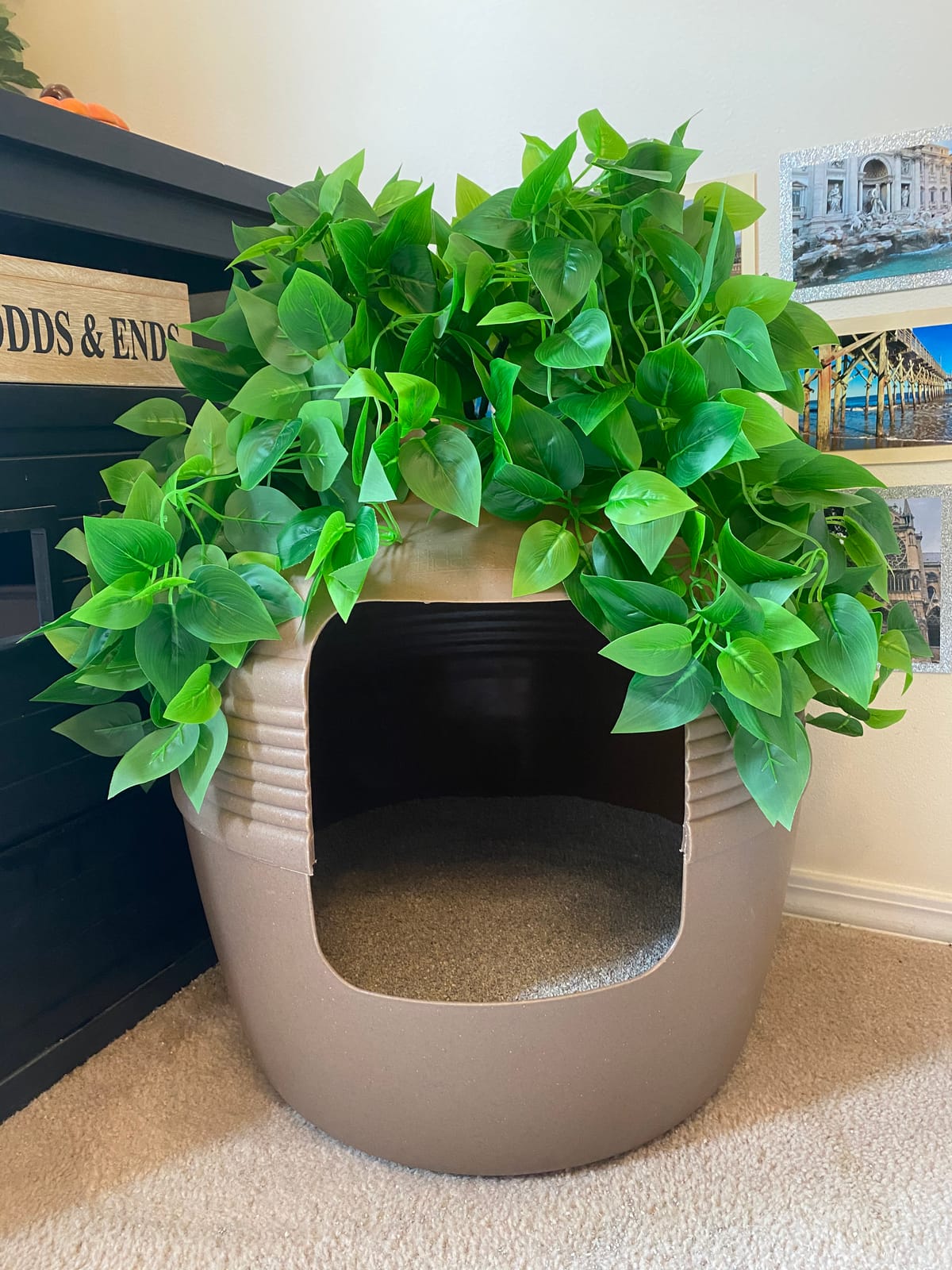 Good Pet Stuff Original Hidden Litter Box Planter, Decorative Cat Litter Enclosure, Carbon Filter, Faux Plant, Round Design, Easy to Clean, Base Kit, Palm Plant, Pebble Gray customer photo 1